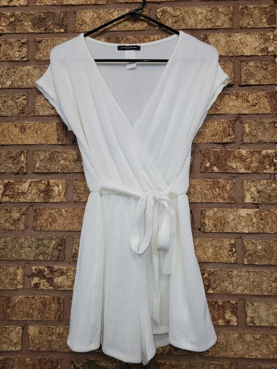 Caution To The Wind Tops - Caution To The Wind Cream Ribbed Wrap Romper with Tie Size Medium